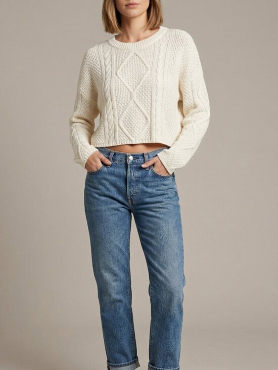 Blue Blush Sweaters - Ivory Cream Cable Knit Cropped Crewneck Sweater Size Medium